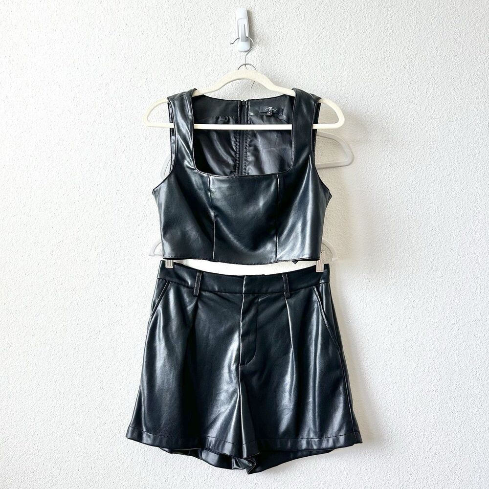 7 For All Mankind Women’s Black Faux Leather Set Crop Top And Short Size Medium